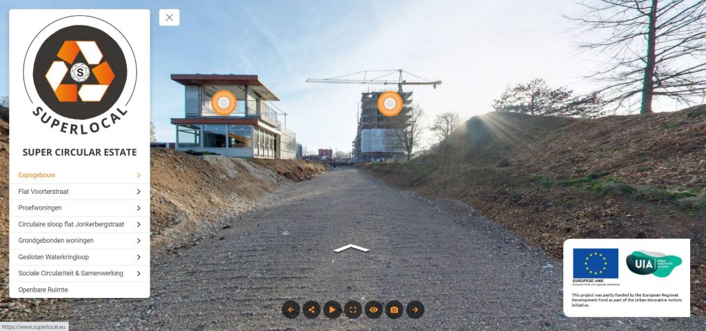 Startscherm virtuele tour met expogebouw, flat en hijskraan